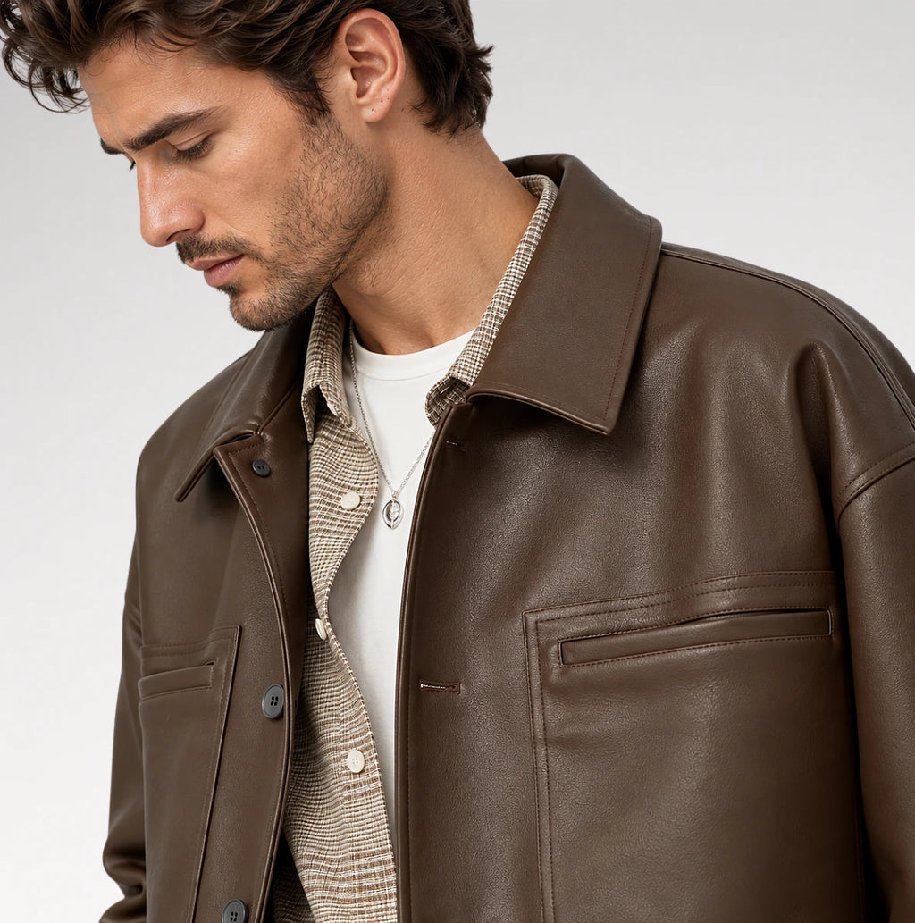 A close-up of a man wearing a brown leather jacket over a beige patterned shirt and white t-shirt, photographed against a light gray studio background.