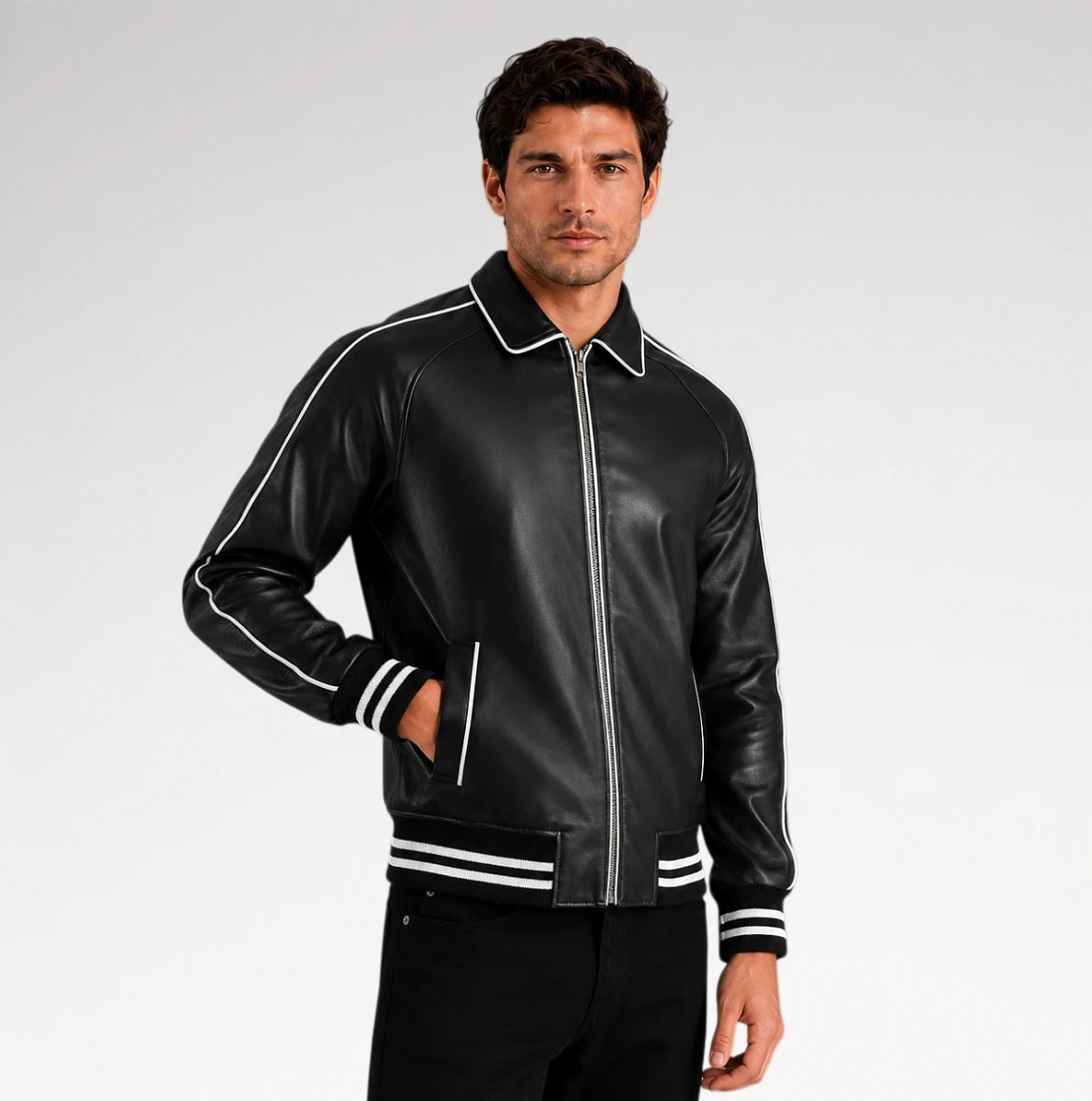 A man wearing a black leather bomber jacket with white contrast piping and striped ribbed cuffs and hem, posed against a light gray studio background.