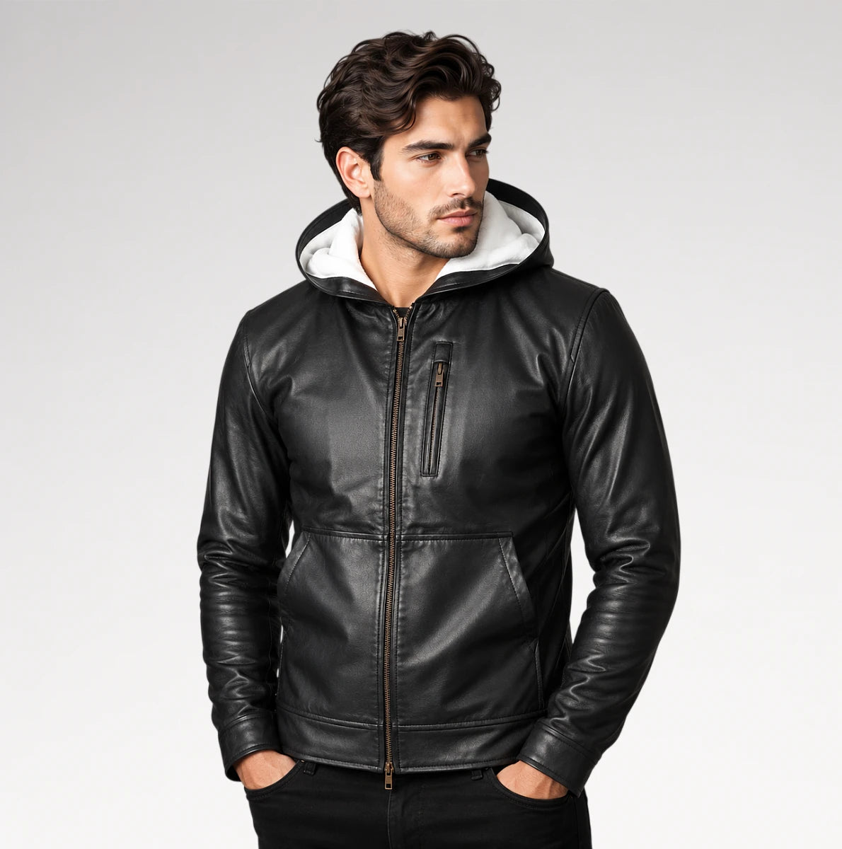 A man wearing a black faux-leather hooded jacket with a white sherpa-lined hood, standing against a light gray studio background.