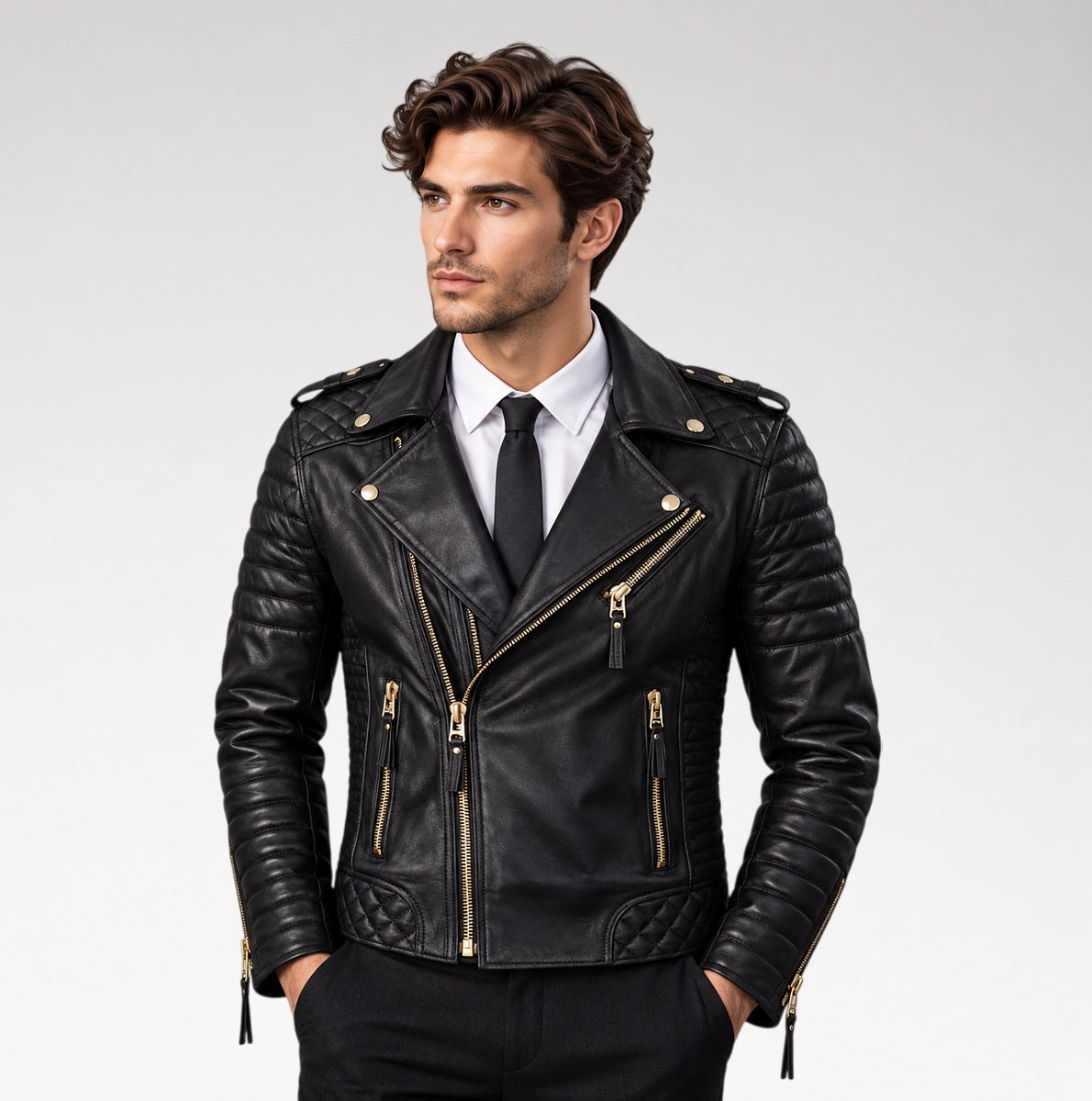 A man wearing a black leather biker jacket with gold-tone zippers and buttons, styled over a white dress shirt and black tie, against a light gray studio background. Main image