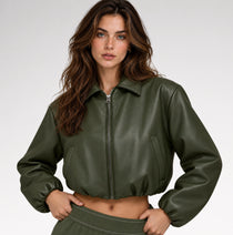 Oliva Cropped Olive Green Bomber Leather Jacket