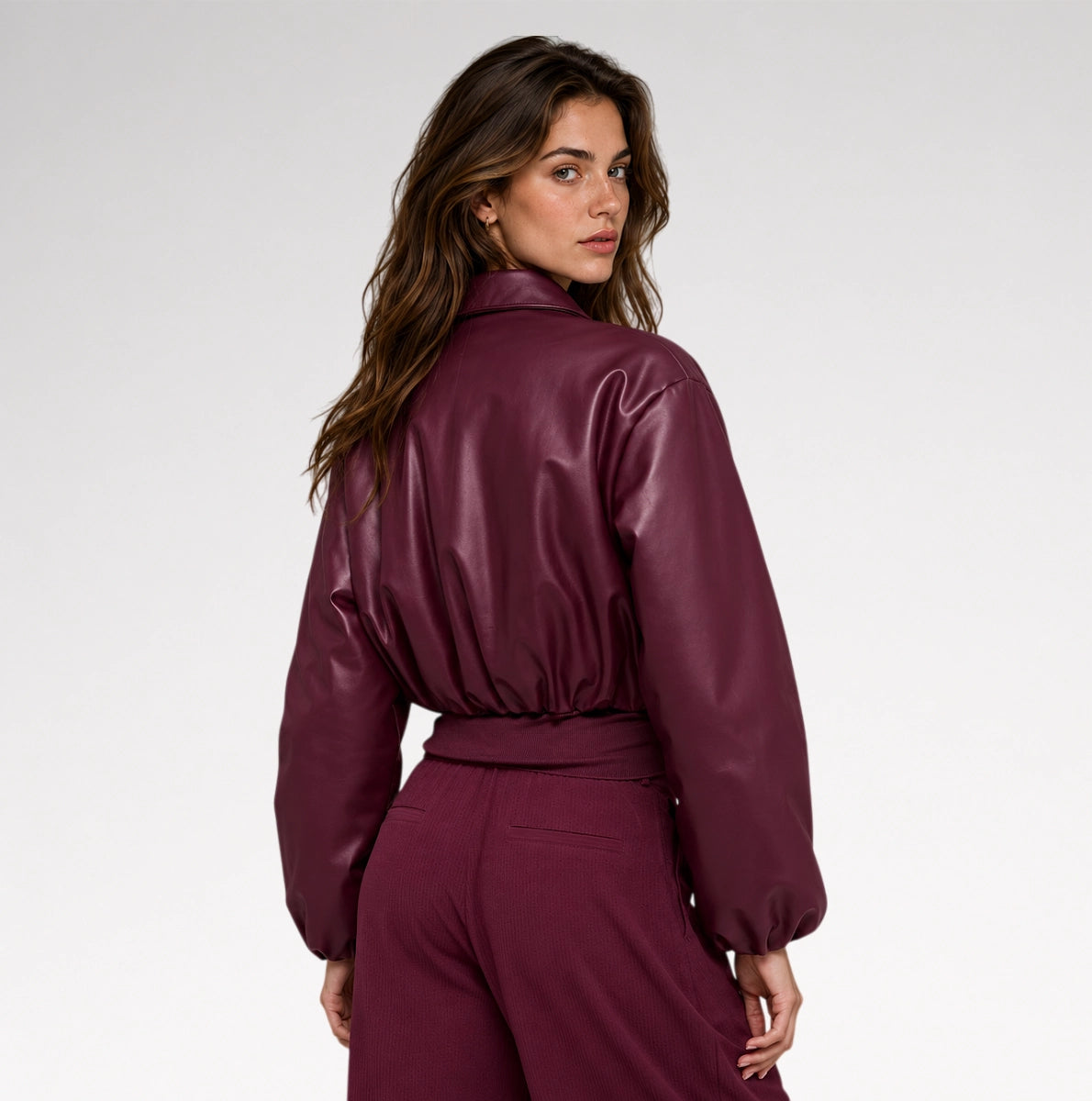 Vino Cropped Burgundy Bomber Leather Jacket Secondary image
