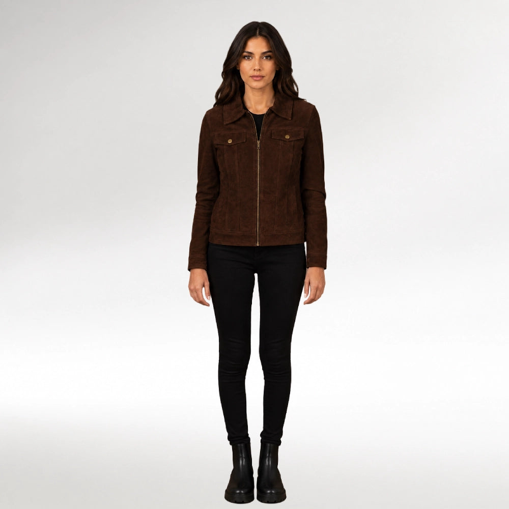 Moda Dark Brown Suede Trucker Jacket