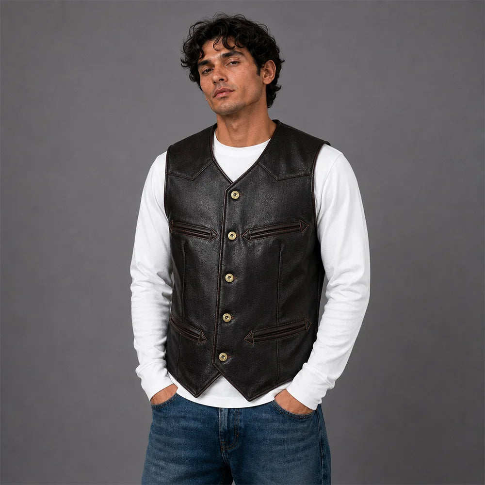 Men Vintage Dark Brown Leather Vest