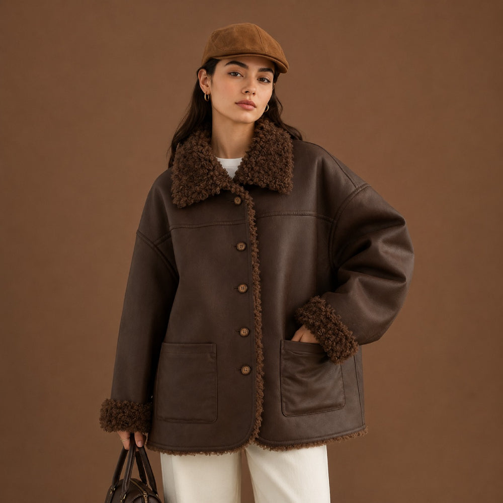 Women Reversible Oversized Shearling Leather Jacket Secondary image