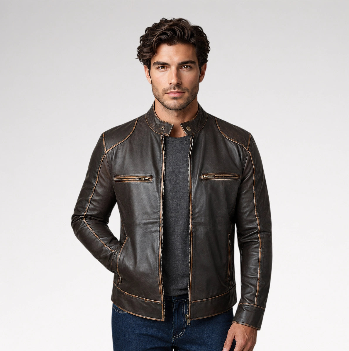 A man wearing a dark brown leather motorcycle jacket with tan contrast stitching, a gray t-shirt, and blue jeans, standing against a light gray studio background. Main image