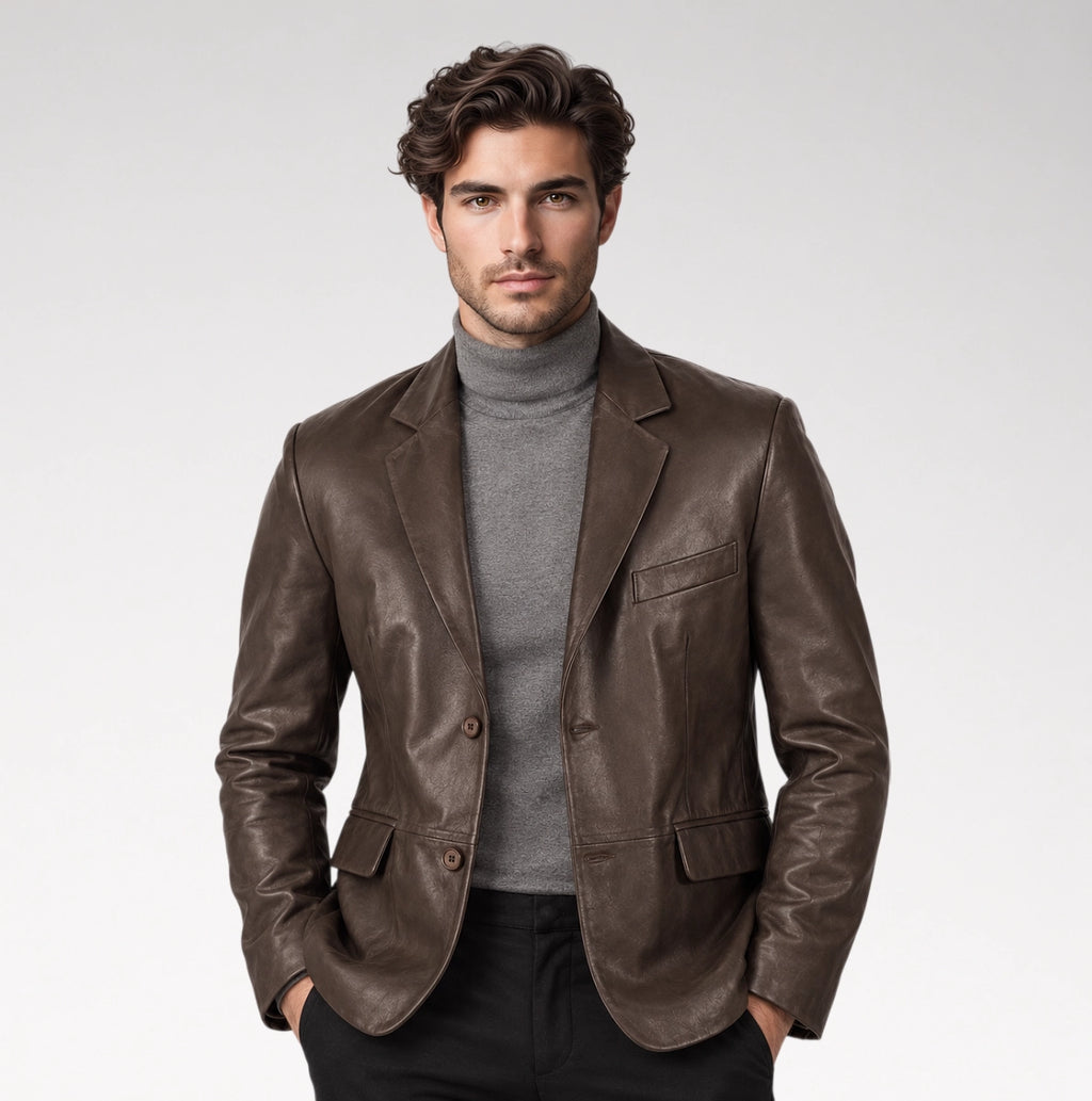 A man wearing a brown leather blazer over a gray turtleneck sweater and black trousers, standing against a light gray studio background.
