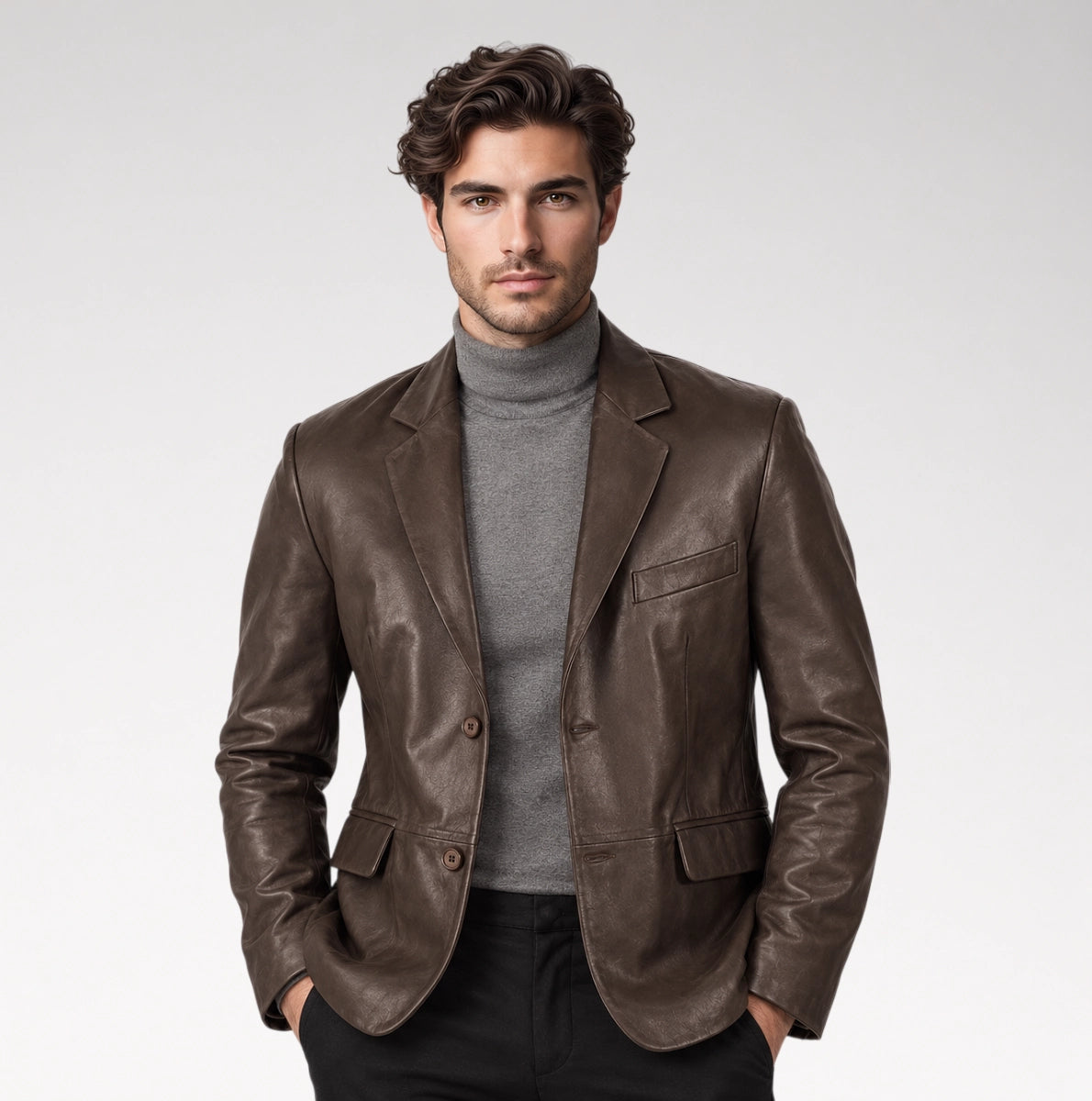 A man wearing a brown leather blazer over a gray turtleneck sweater and black trousers, standing against a light gray studio background.