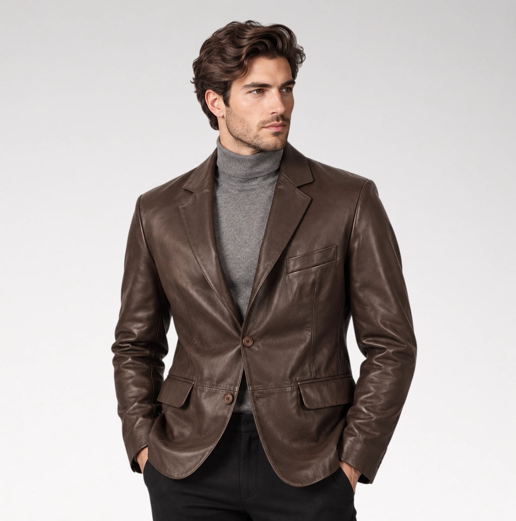 A man wearing a dark brown leather blazer over a gray turtleneck sweater and black pants, standing against a light gray studio background.