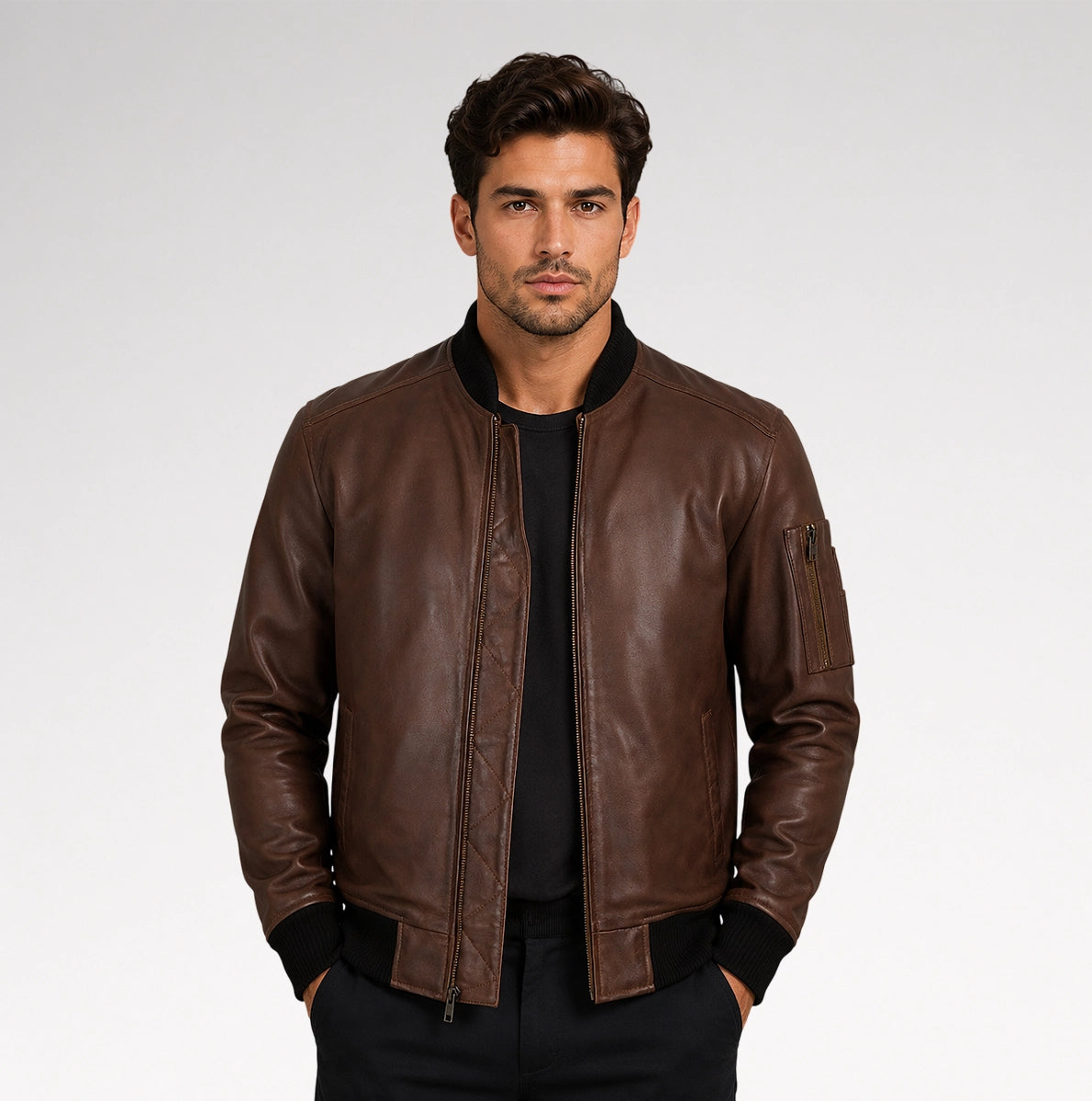 A man wearing a brown leather bomber jacket with black ribbed trim over a black shirt, standing against a light gray studio background.