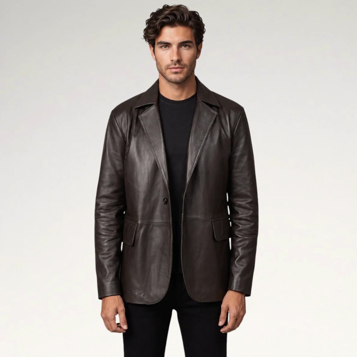 A man wearing a dark brown leather blazer over a black t-shirt and black pants, standing against a light gray studio background.