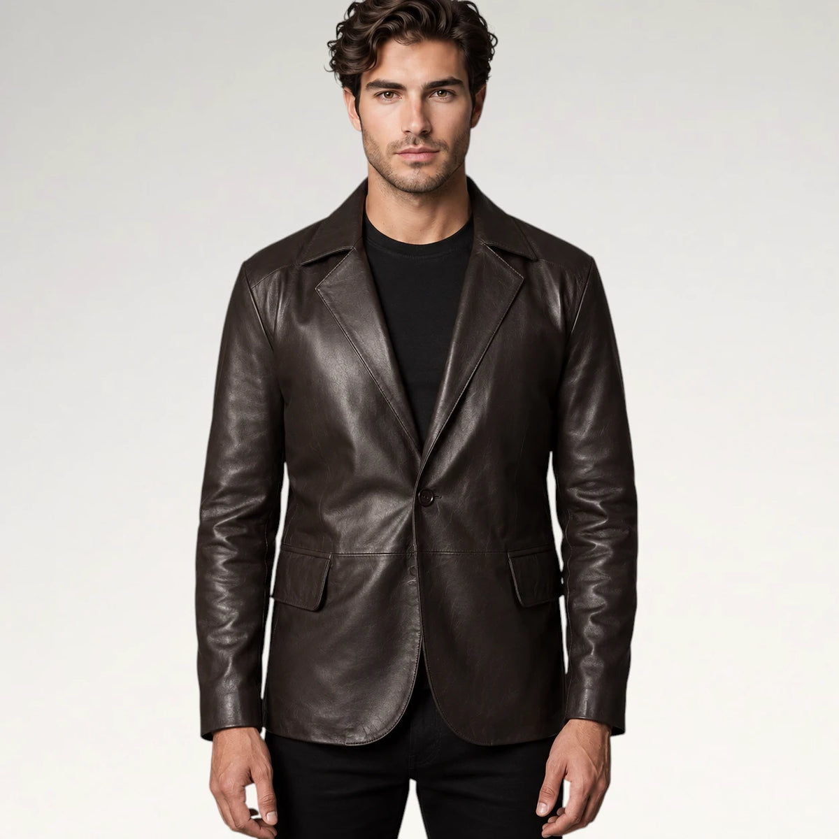 A man wearing a dark brown leather blazer over a black t-shirt and black pants, standing against a light gray studio background.