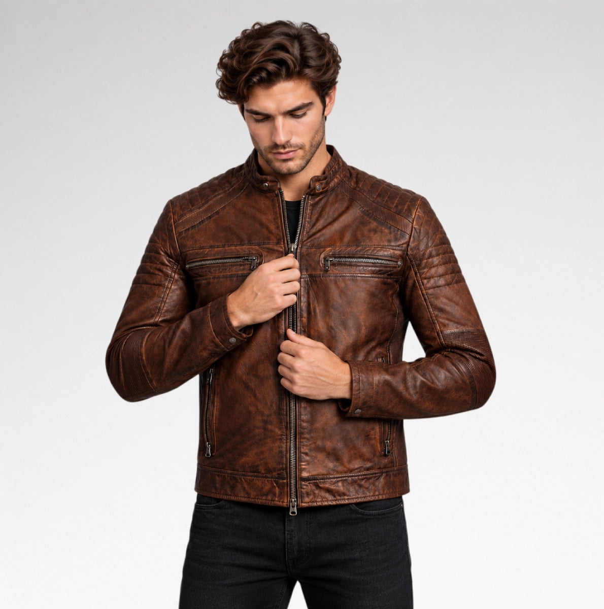 A man wearing a brown distressed leather motorcycle jacket, shown from the waist up against a light gray studio background. Main image