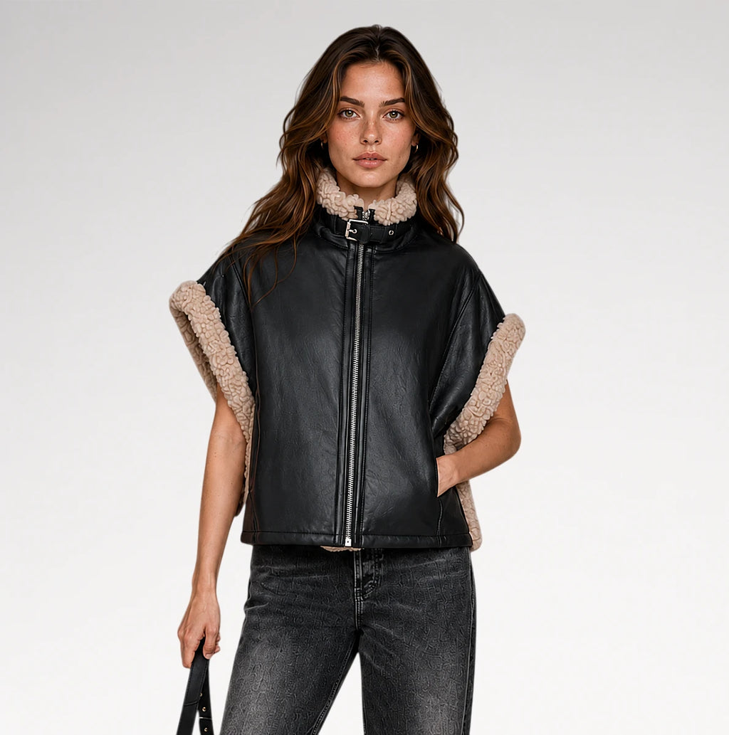 A woman modeling a black faux-leather jacket with beige sherpa lining on the collar and sleeve cuffs, paired with dark gray jeans, against a light gray studio background.