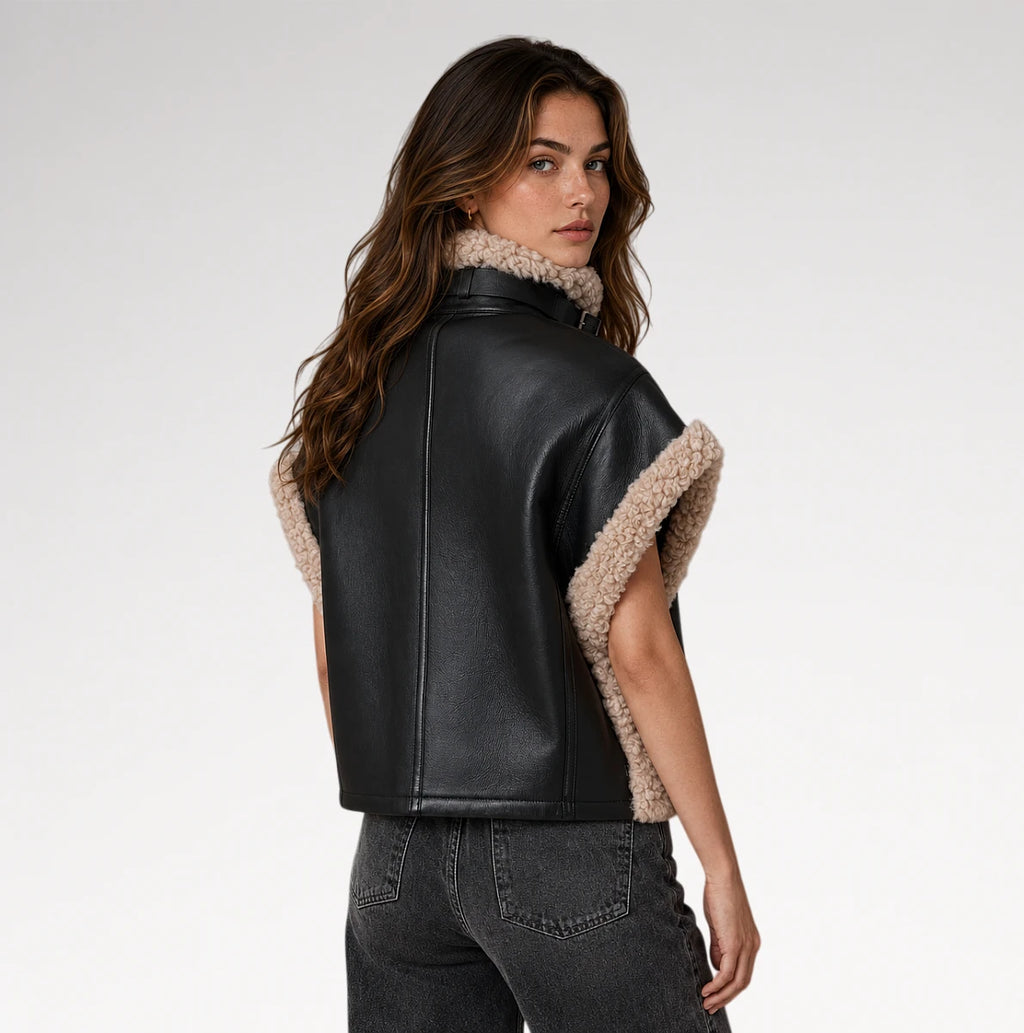 A woman shown from the back wearing a black faux-leather jacket with beige sherpa lining on the collar and sleeve cuffs, paired with dark gray jeans, against a light gray studio background.