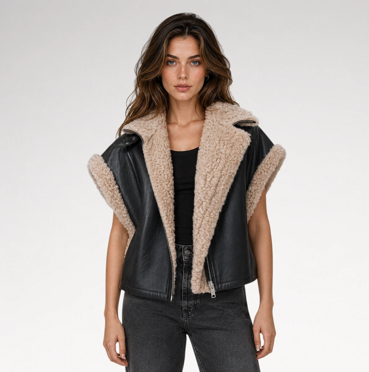 A woman modeling a black faux-leather moto jacket with a beige sherpa fleece lining, worn over a black top and dark gray jeans against a light gray studio background. Main image