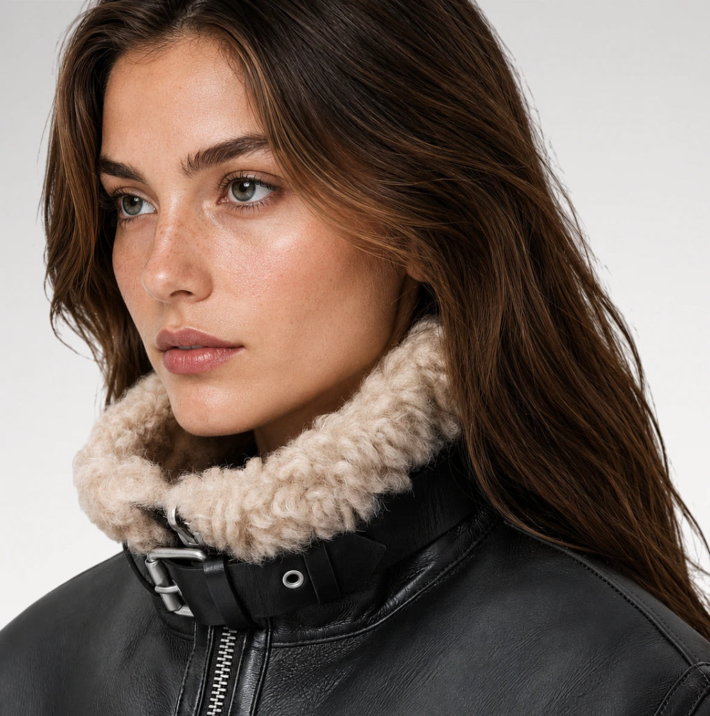 Close-up of a woman wearing a black leather jacket with a thick beige sherpa fleece collar, set against a plain light gray background.
