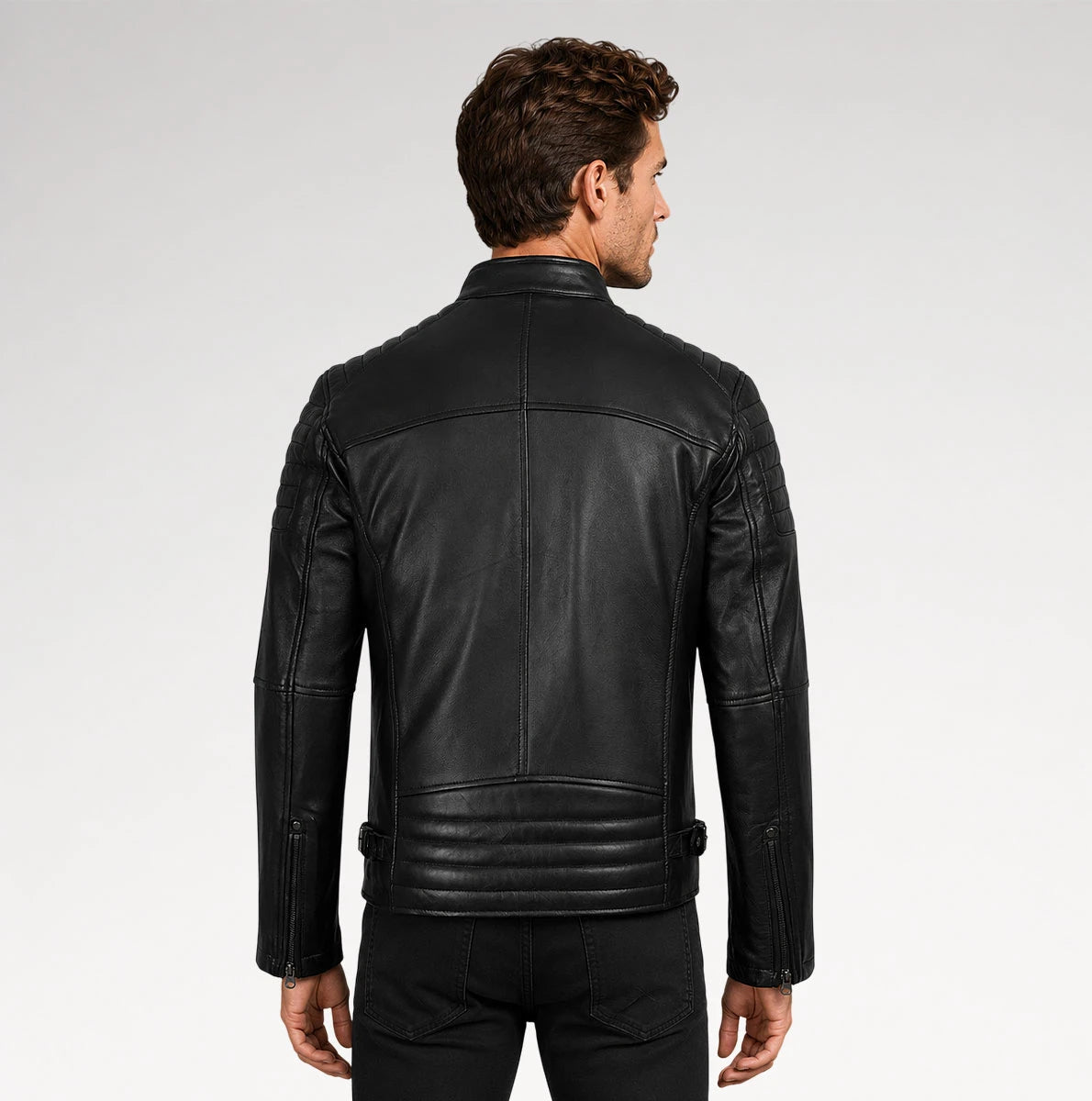 Ebano Black Quilted Cafe Racer Leather Jacket Secondary image