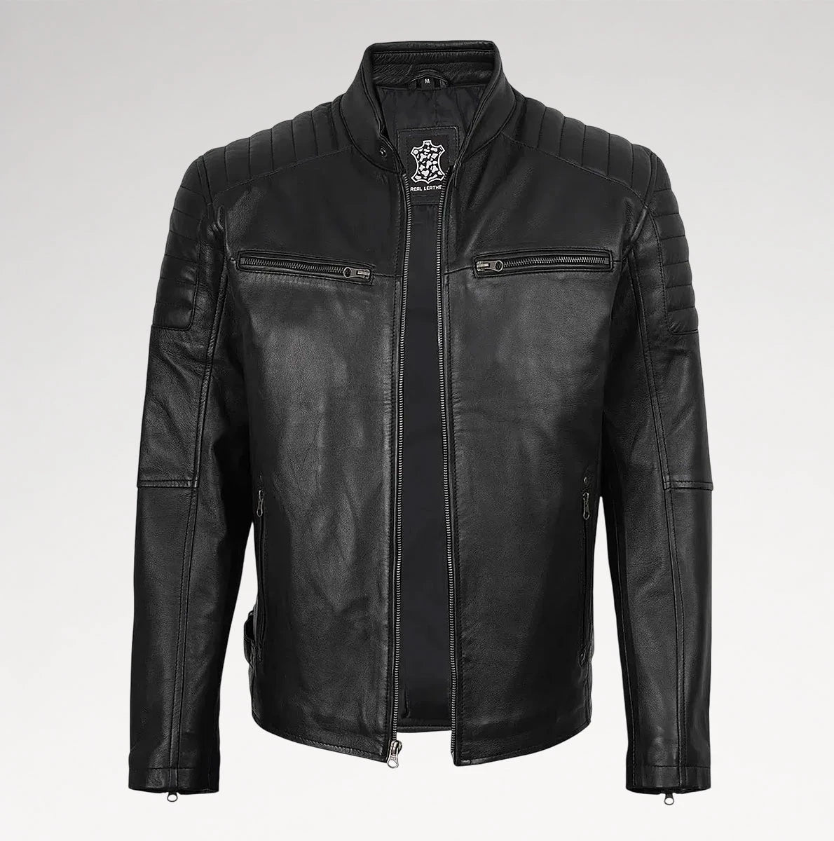 A black leather motorcycle jacket with quilted shoulder panels, a stand collar, and zippered chest pockets, shown against a light gray background.