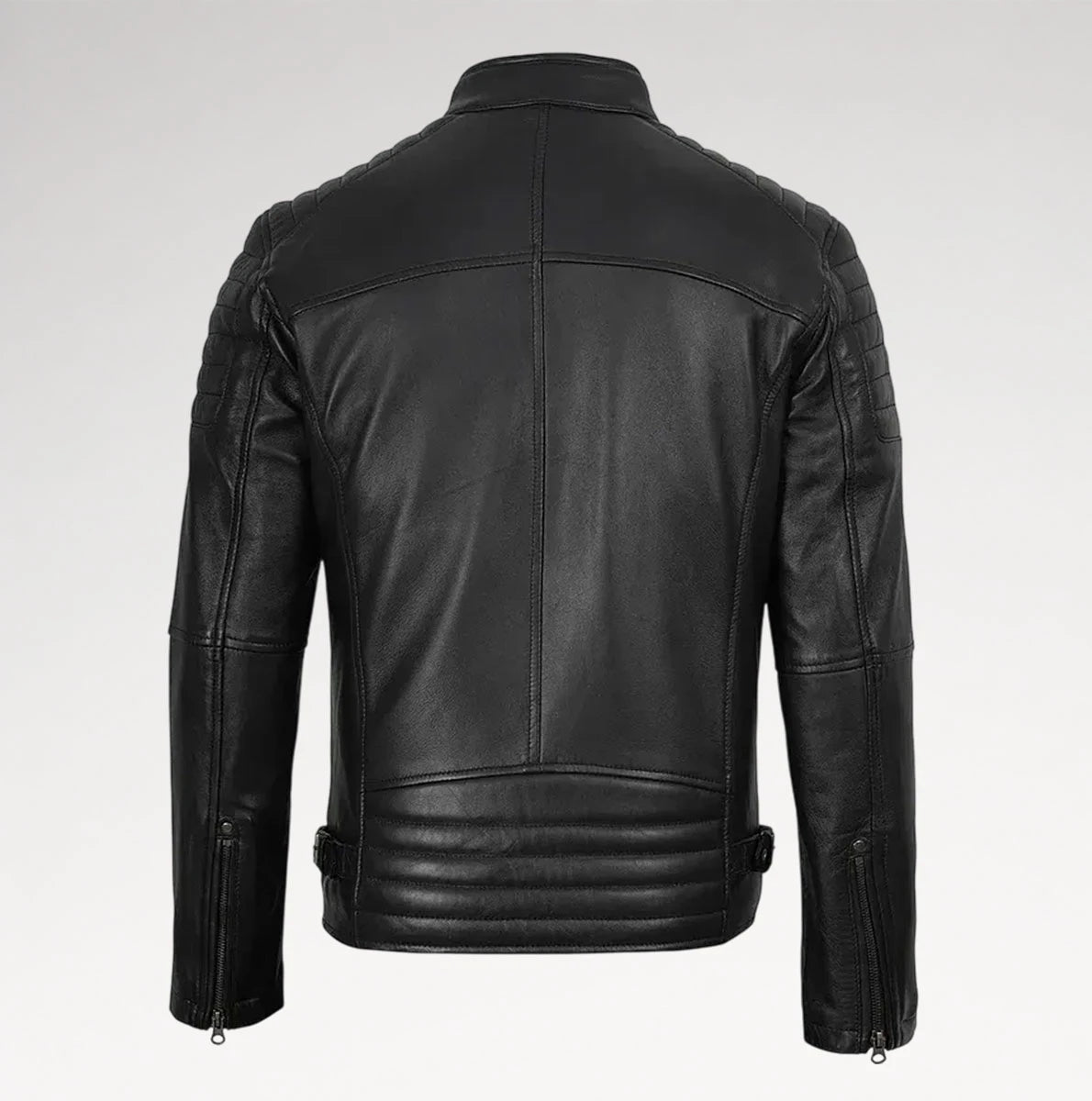 Black leather motorcycle jacket shown from the back, featuring quilted shoulder panels, a high collar, and zippered side details, photographed against a light gray studio background.
