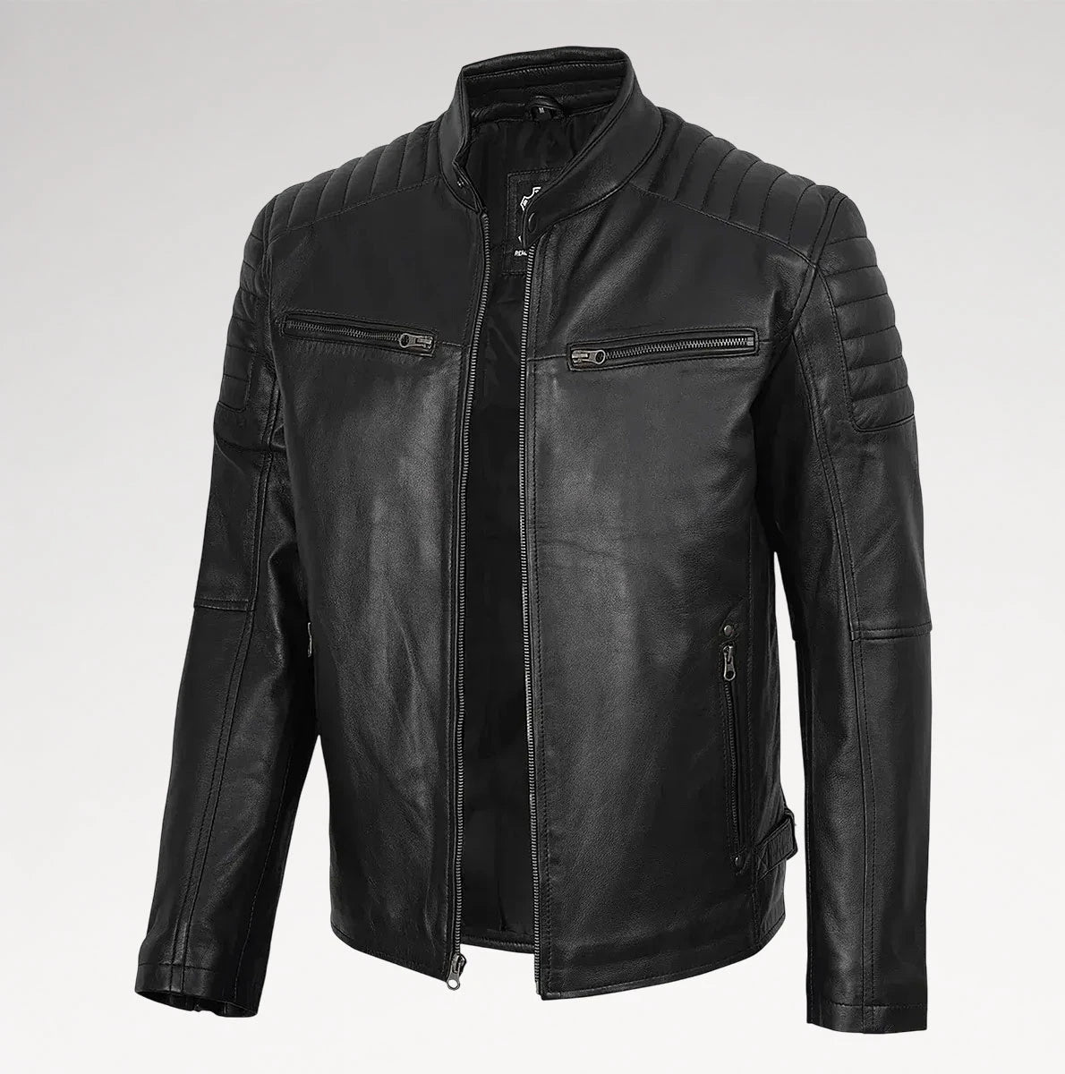 A black faux leather motorcycle jacket with a stand collar, quilted shoulder panels, and zippered chest pockets, shown on a light gray background.