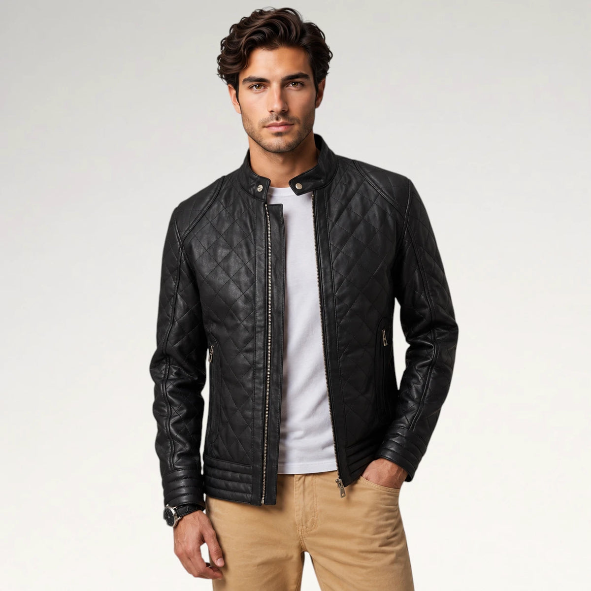 A man wearing a black quilted leather jacket over a white t-shirt and khaki pants, standing against a light gray studio background.