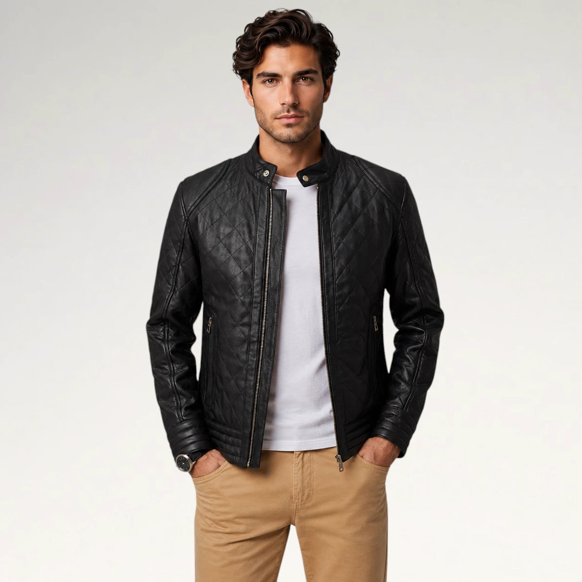 A man wearing a black quilted leather jacket over a white t-shirt and tan pants, standing against a light gray studio background. Main image