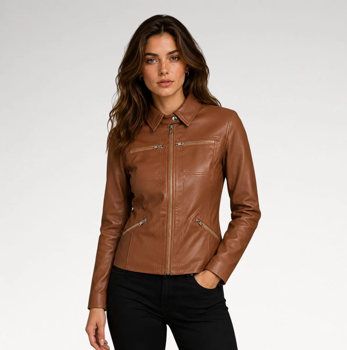 A woman modeling a brown faux leather moto jacket with silver zippers, paired with black pants, against a light gray studio background.