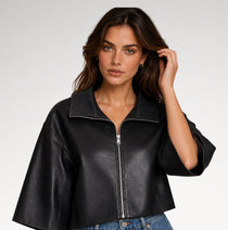 Estetica Black Cropped Short Sleeves Leather Jacket