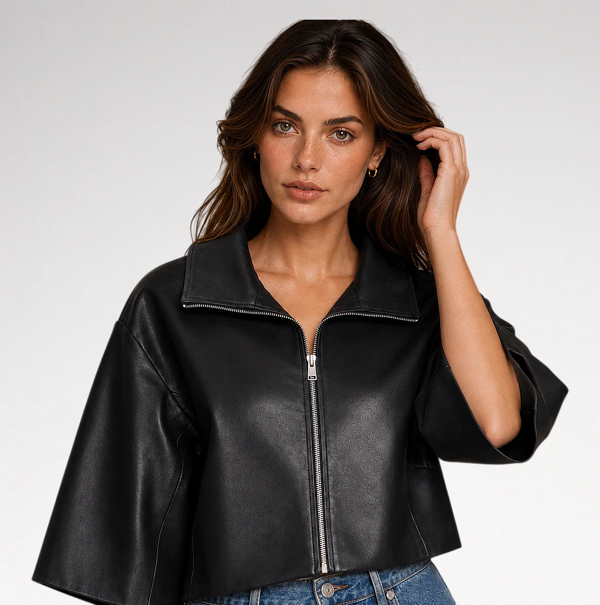 Estetica Black Cropped Short Sleeves Leather Jacket