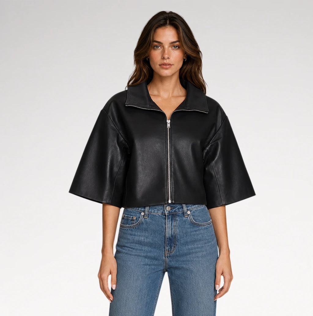 Estetica Black Cropped Short Sleeves Leather Jacket