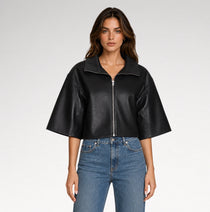 Estetica Black Cropped Short Sleeves Leather Jacket