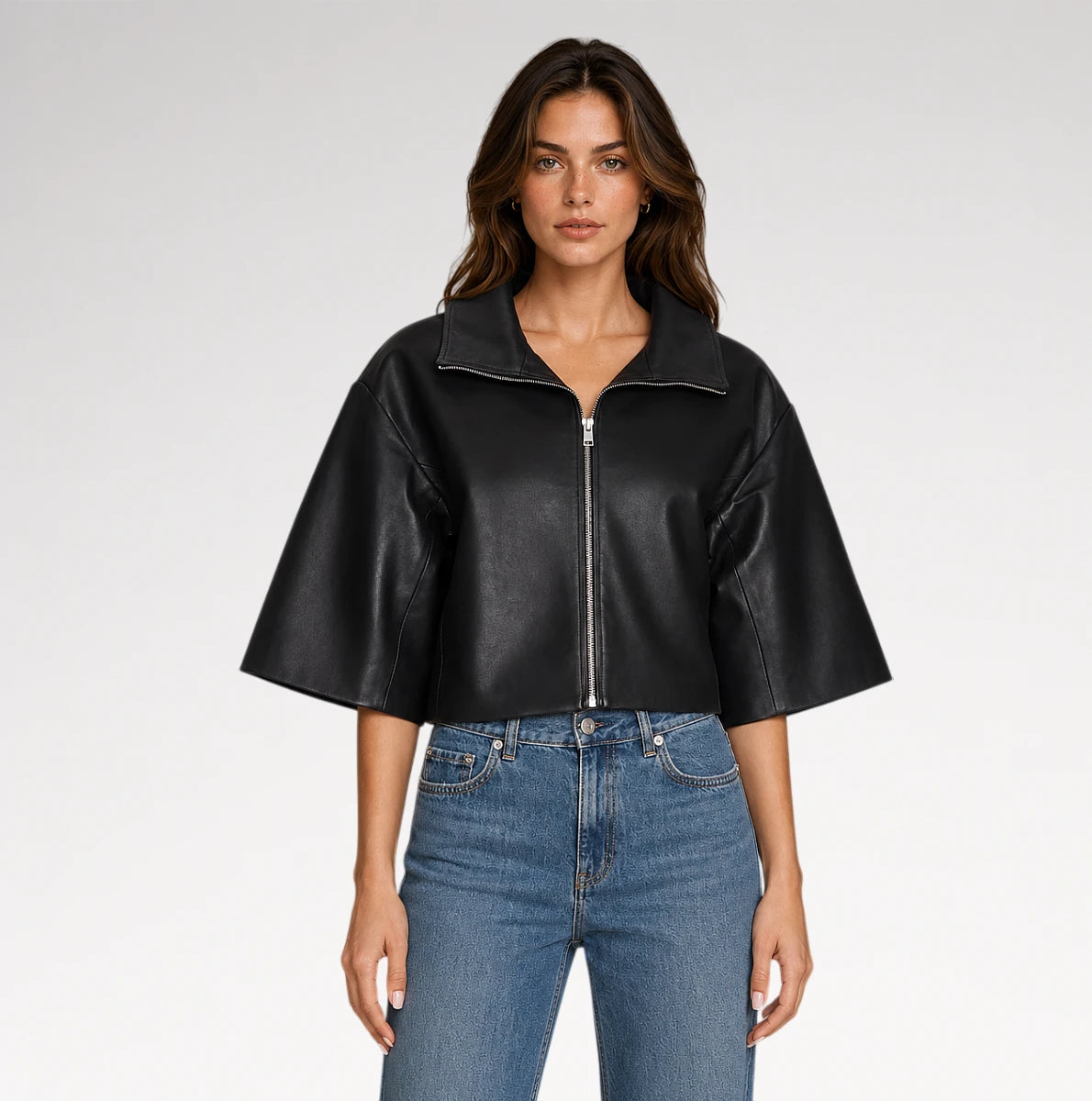 Estetica Black Cropped Short Sleeves Leather Jacket