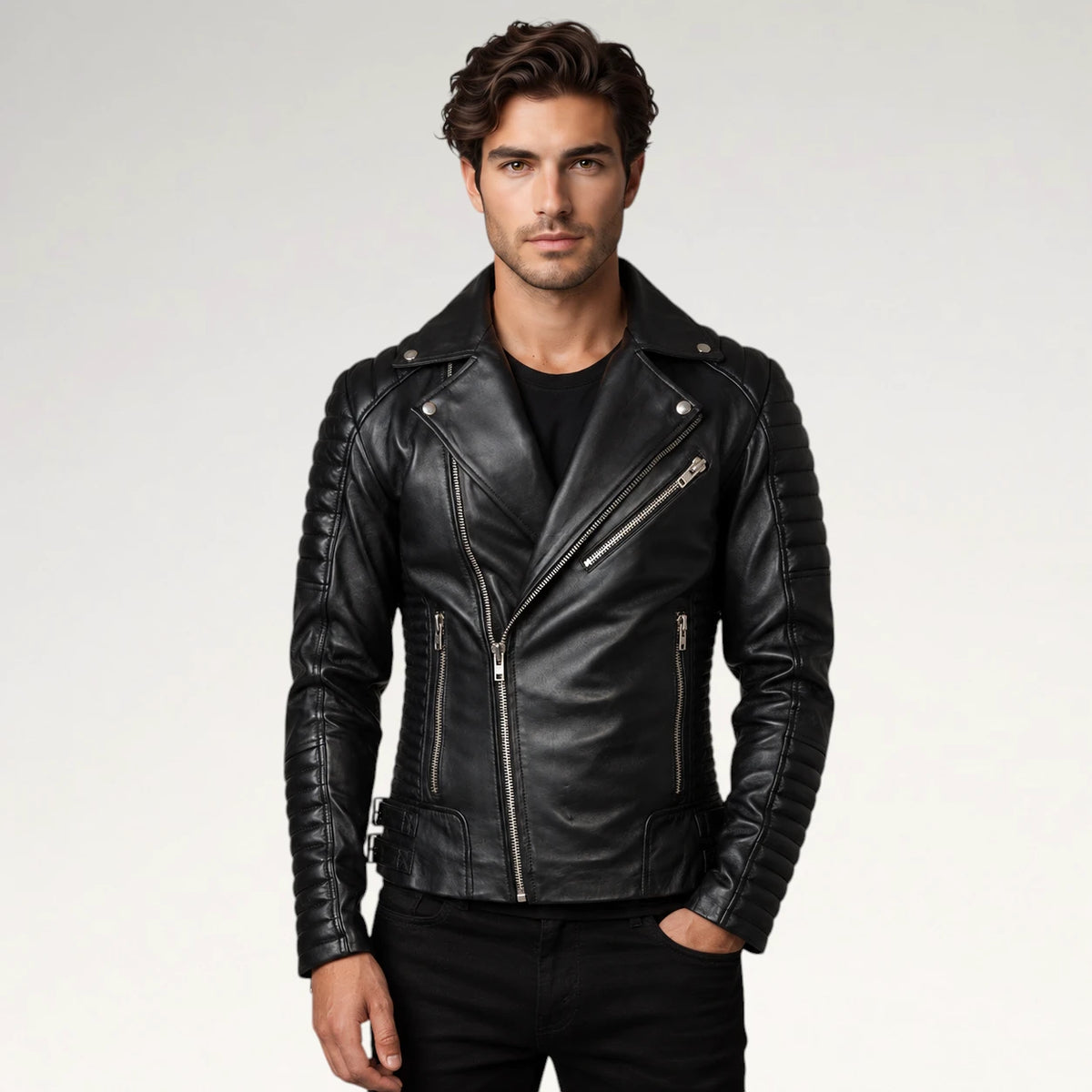 A man wearing a black leather moto jacket with silver zippers, styled over a black t-shirt and black pants, photographed against a light gray studio background. Main image