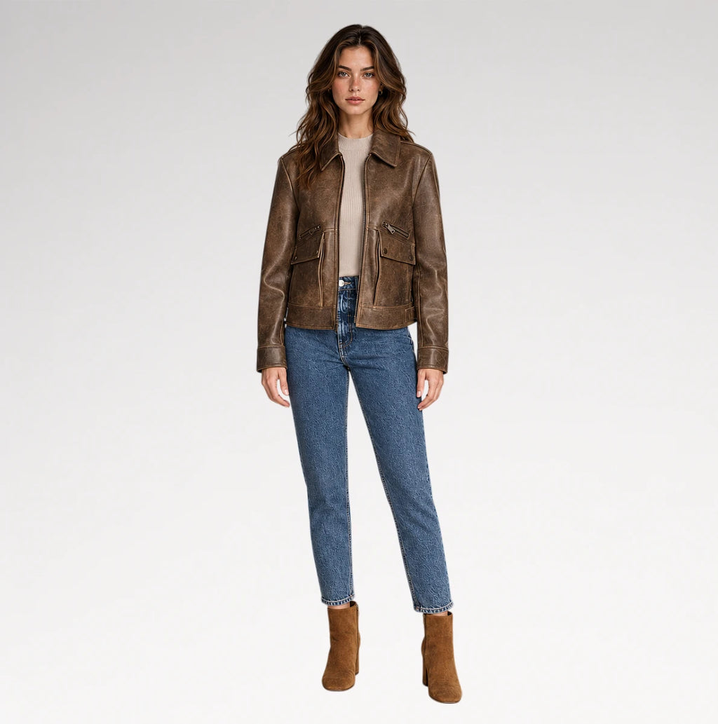 Finitura Distressed Brown Sheepskin Leather Jacket