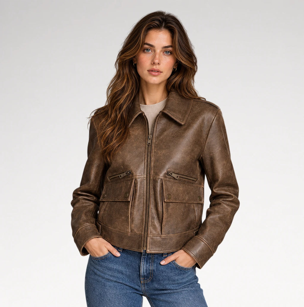 Finitura Distressed Brown Sheepskin Leather Jacket