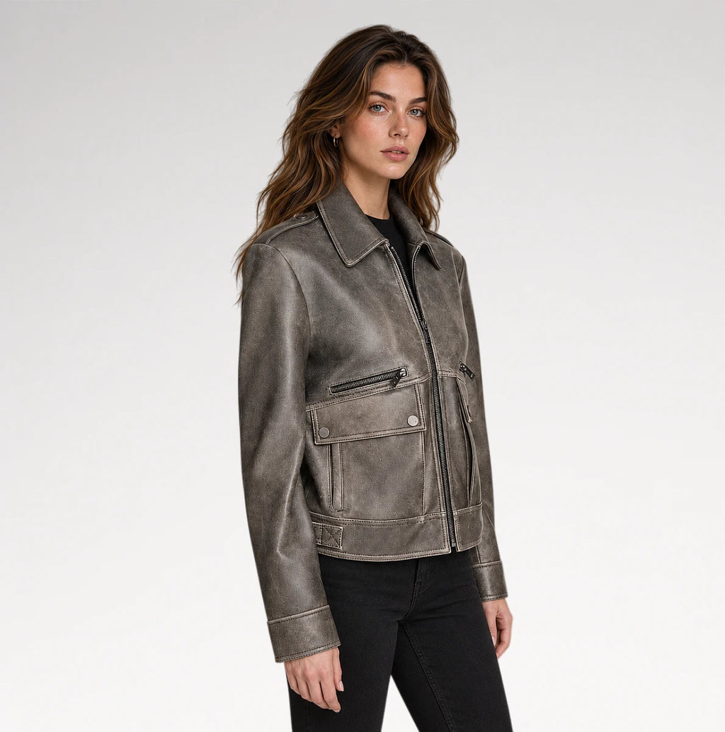 Finitura Distressed Grey Sheepskin Leather Jacket