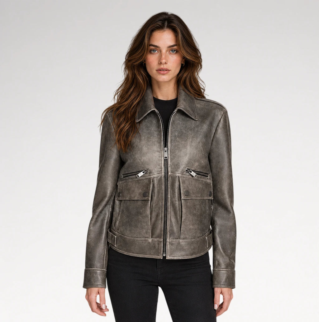 Finitura Distressed Grey Sheepskin Leather Jacket