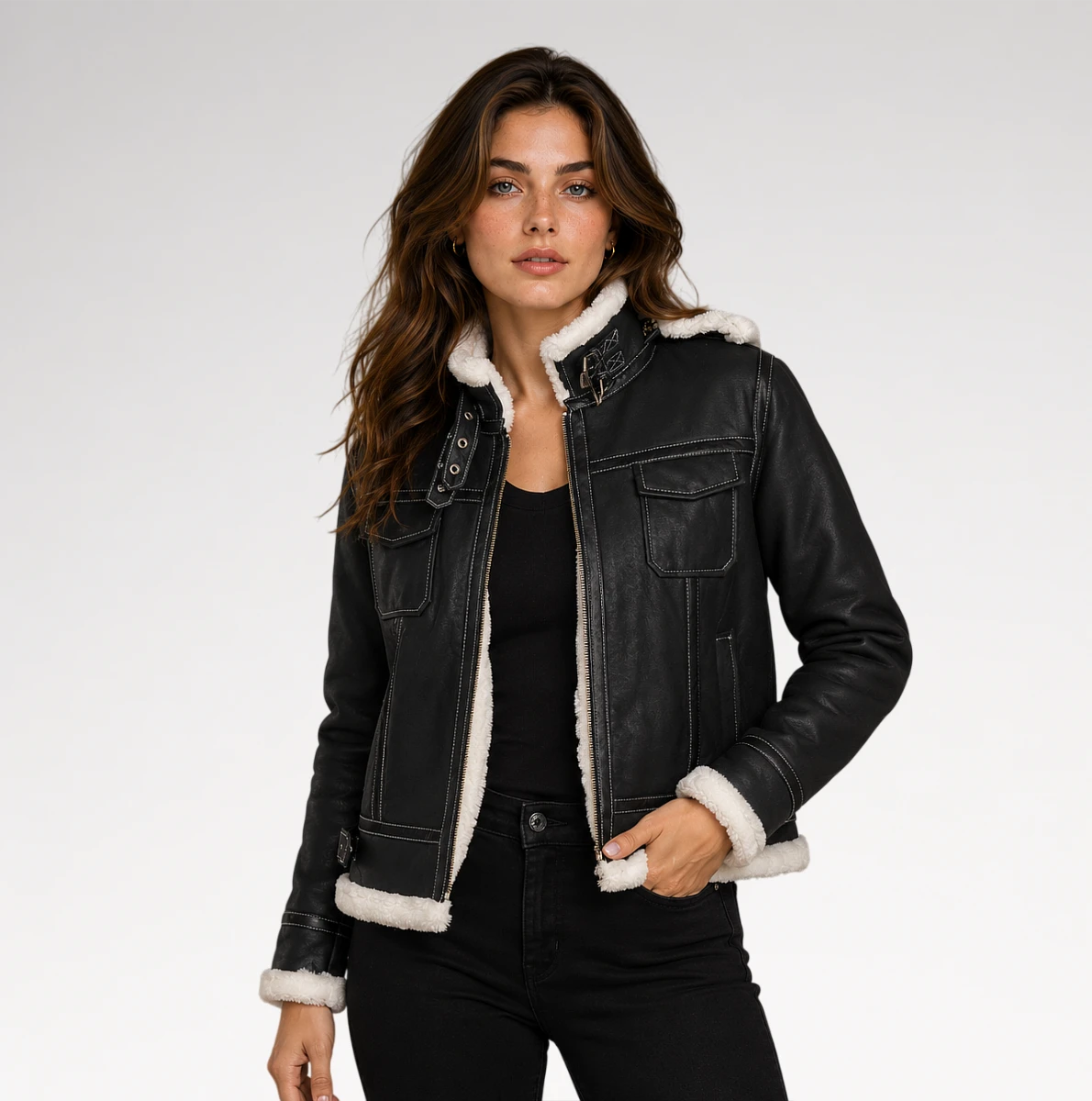 A woman modeling a black faux-leather shearling jacket with a white sherpa lining, worn over a black top and black jeans against a light gray studio background.