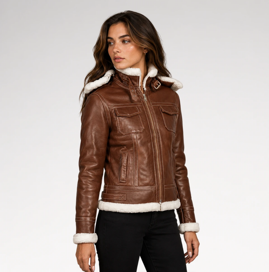 A woman wearing a brown leather aviator-style jacket with white shearling lining on the hood, collar, cuffs, and hem, paired with black pants, photographed against a light gray studio background.