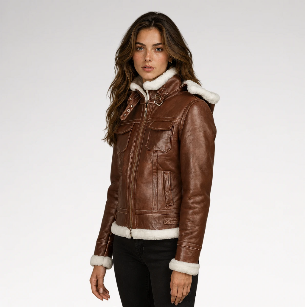 A woman wearing a brown leather aviator-style jacket with white shearling trim on the hood, collar, cuffs, and hem, paired with black pants, photographed against a light gray studio background.