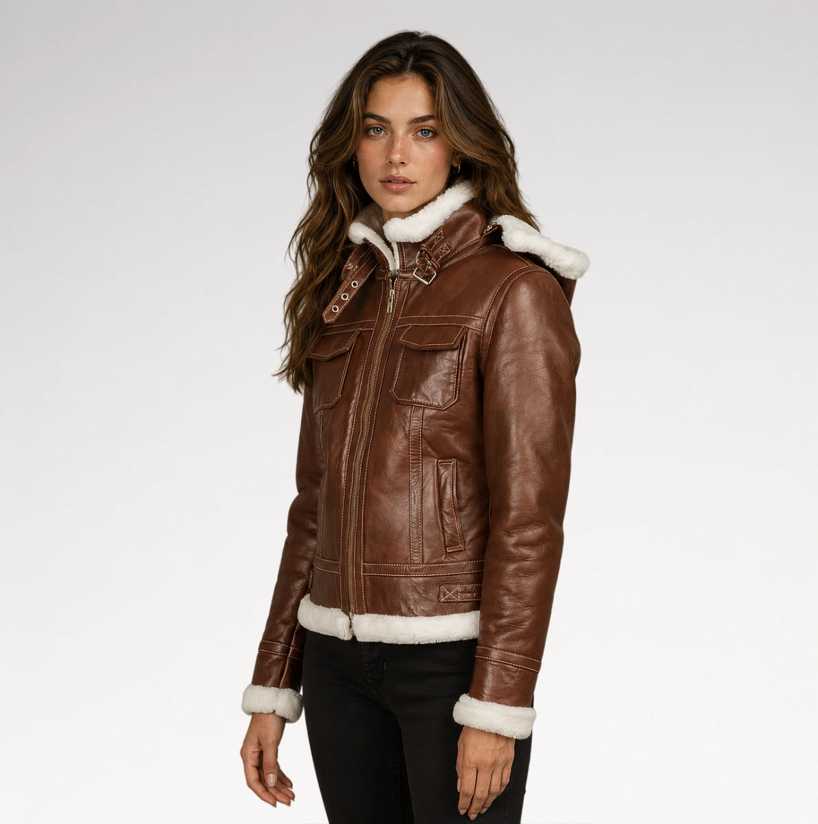 A woman wearing a brown leather aviator-style jacket with white shearling trim on the hood, collar, cuffs, and hem, paired with black pants, photographed against a light gray studio background.