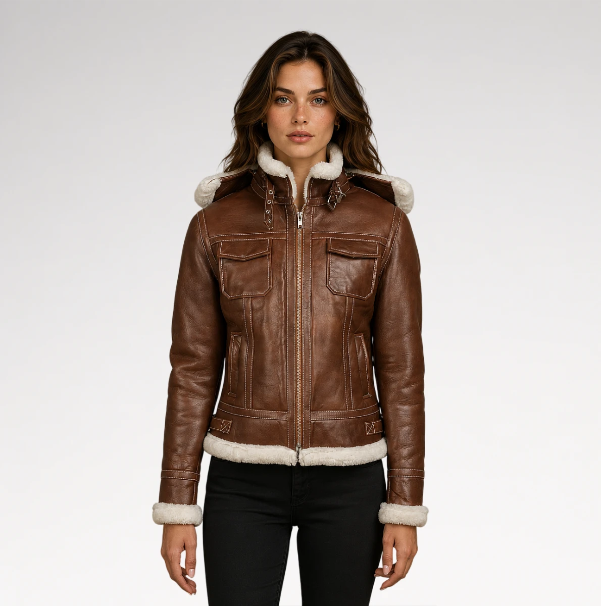 A woman modeling a brown leather aviator-style jacket with white shearling lining on the hood, collar, cuffs, and hem, paired with black pants against a light gray studio background.