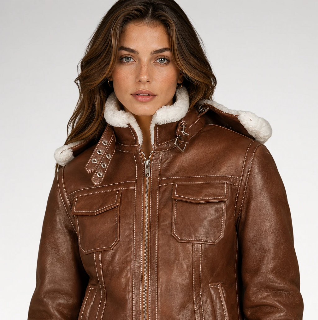 A woman wearing a brown leather jacket with a white sherpa-lined hood and collar, photographed against a light gray studio background.