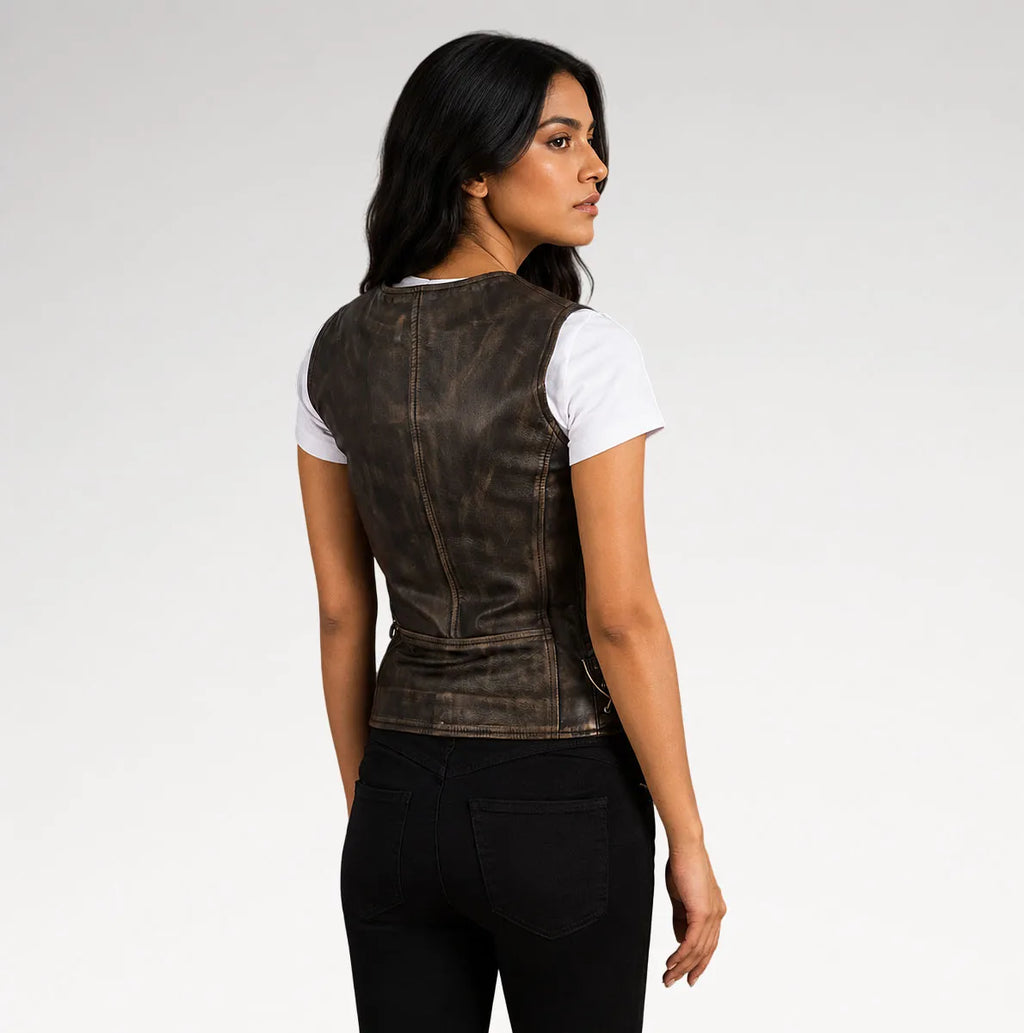 A woman shown from the back wearing a dark brown distressed leather vest over a white t-shirt and black pants, photographed against a light gray studio background.