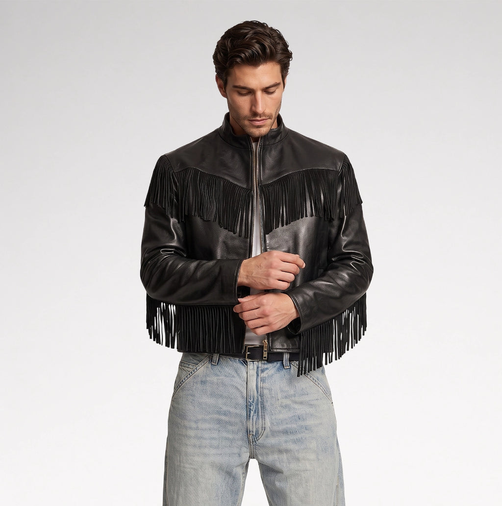 Signore Black Biker Fringes Leather Jacket