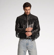 Signore Black Biker Fringes Leather Jacket