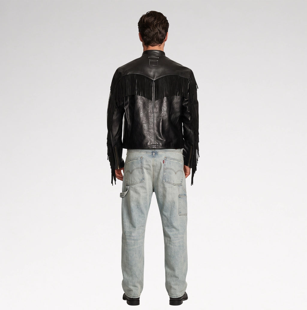 Signore Black Biker Fringes Leather Jacket