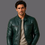 Man wearing a green leather jacket against a beige background