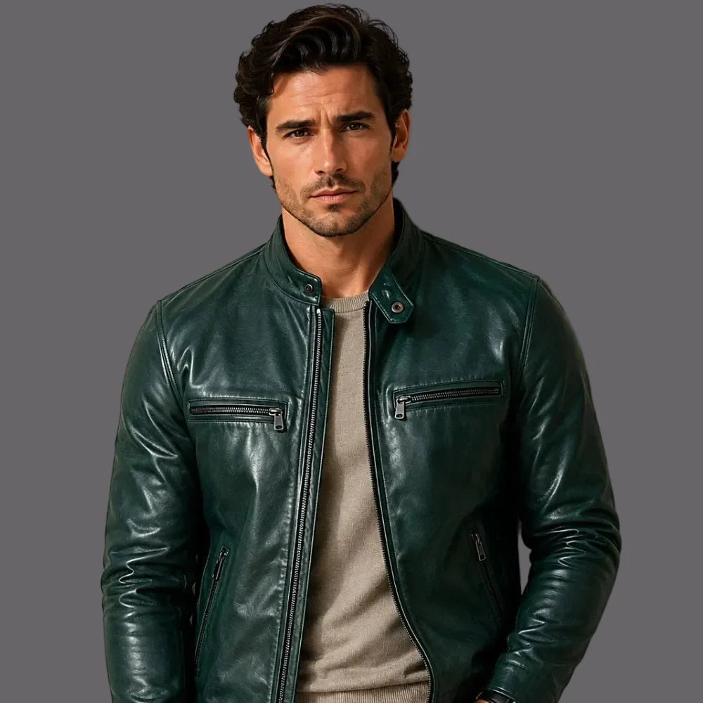 Man wearing a green leather jacket against a beige background